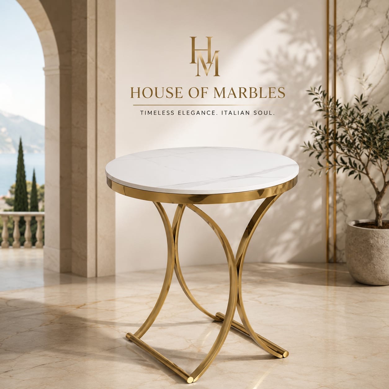 Aurea Round Table — Statuario marble and polished gold steel