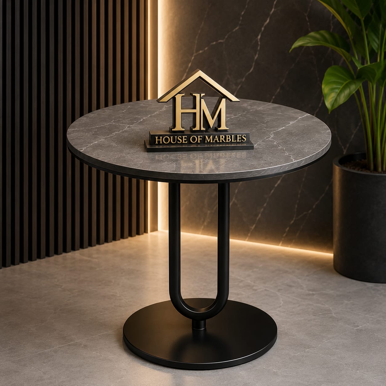 Grey Marble Round Table — Grey marble with black steel base